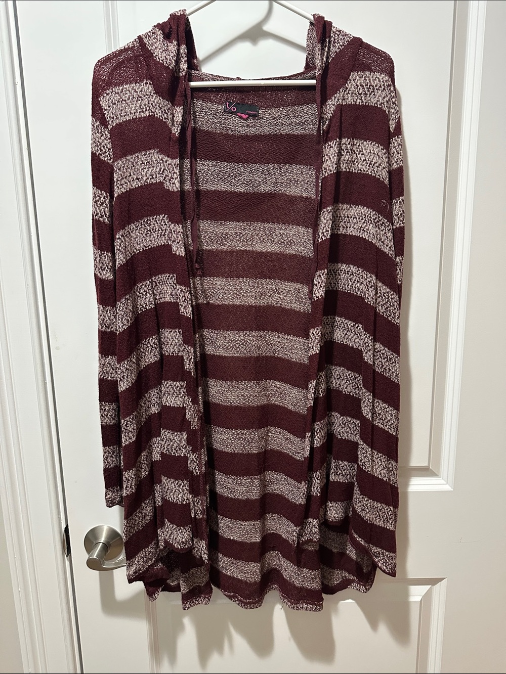 Striped Hooded Open Cardigan Sweater - Burgundy and Cream